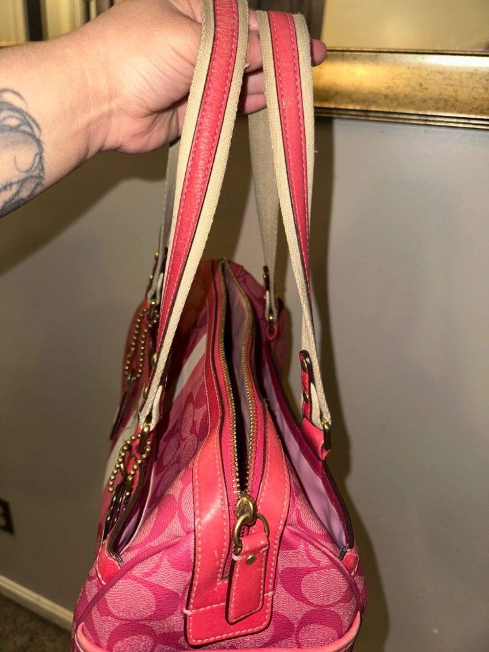 Coach Pink Signature Stripe Satchel with Cream Accents - Picture 6 of 8